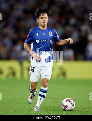 Takefusa Kubo von Real Sociedad in Aktion während des LaLiga EA Sports Matches zwischen Real Sociedad und Real Madrid CF am 14. September 2024 in der reale Arena in San Sebastian, Spanien. Stockfoto