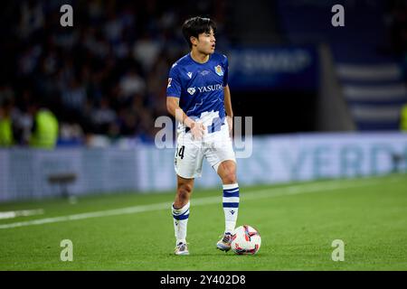 Takefusa Kubo von Real Sociedad in Aktion während des LaLiga EA Sports Matches zwischen Real Sociedad und Real Madrid CF am 14. September 2024 in der reale Arena in San Sebastian, Spanien. Stockfoto