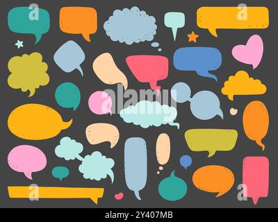 Farbige leere Sprechblasen. Leere Comics sprechen, Dialogswolken, Doodle-Stil, verschiedene Formen mit Scuffs-Textur, handgezeichnete isolierte Zeichentrickfilme flach Stock Vektor