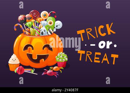 Kürbiskorb mit Trick oder Treat. Halloween Gruseltasche mit Süßigkeiten und Süßigkeiten, gruseligen Lutscher, Gelees und Muffins, Partyposter oder Werbebanner Stock Vektor