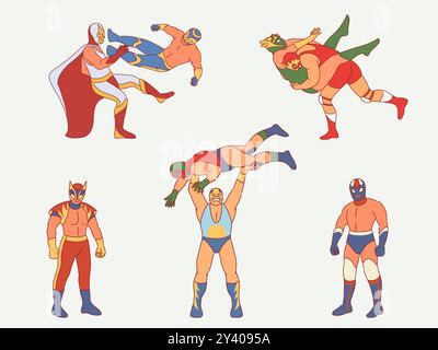 Mexikanische Schauwrestler. Lucha libre Kämpfer in farbigen Kostümen, Männer in Masken und bunten Kostümen, Comic Flat Style Charaktere in dynamischen Posen Stock Vektor