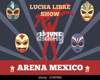 Lucha libre Poster. Einladung zur mexikanischen Wrestling-Show, Vintage-Battle-Match, Kämpfer hält Gegner über Kopf, Farbmasken, Einladungsbanner, Zeichentrick Stock Vektor