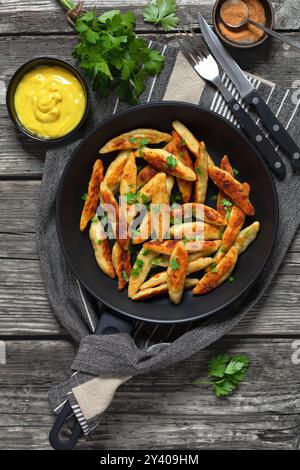 Schupfnudeln, Fingernudel, deutsche Kartoffeldicknudeln, Knödel in einer Pfanne auf rustikalem Holztisch mit Besteck und Senf, vertikale Sicht von Stockfoto