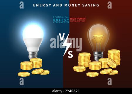 Vergleich zwischen Glühlampe und LED. Banner für Energie- und Geldeinsparungen. Realistische Halogenlampen und Stapelmünzen. Verantwortungsbewusster Energieverbrauch, ökologischer Lebensstil Stock Vektor