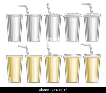 Vector Paper Cup Set, Sammlung von ausgeschnittenen Illustrationen von 10 verschiedenen süßen kohlensäurehaltigen Getränken in Pappbecher und verschiedenen heißen Getränken in braunem Kaffee Cu Stock Vektor