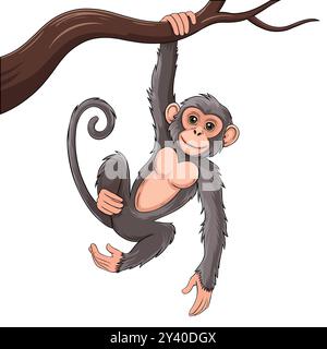 Entzückender Cartoon-Affe, der von Baumzweig hängt – Schimpanse, Ape Vector Illustration Stock Vektor