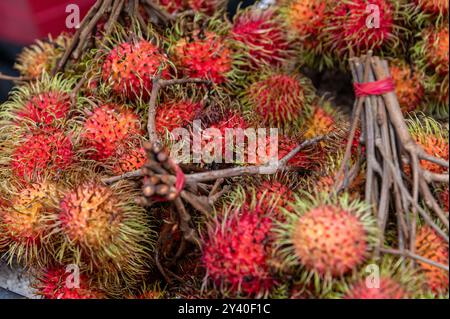 Frisches Litschi auf einem Obst- und Gemüsemarkt in Chinatown, einem historischen Stadtteil von Singapur. Es gibt drei Unterarten der Litschi. Th Stockfoto