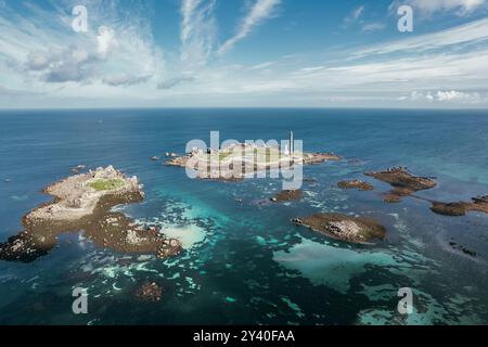 Luftaufnahme des Leuchtturms Phare de l'île Vierge in der Bretagne, Frankreich Stockfoto