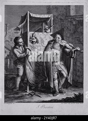 Ein junger Mann spielt Geige vor einem Punch and Judy-Stand mit dem Puppenspieler in der Nähe. Stich von Giovanni Volpato nach Francesco Maggiotto. (Maggiotto, Francesco, 1750-1805.) Stockfoto