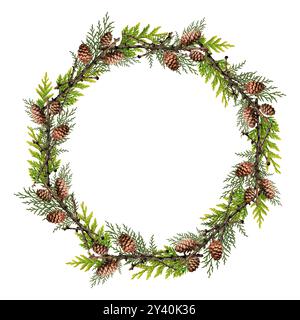 Weihnachtskranz. Runder Rahmen aus trockenen Ästen mit Kegeln, trockenen und frischen Thuja-Ästen. Stockfoto