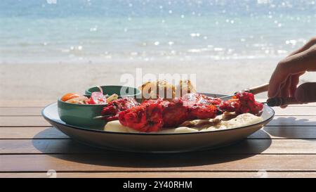 Person genießt einen Teller mit lebendigen, frisch gegrillten Kebabs auf der Sonne Stockfoto