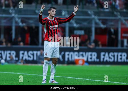 Mailand, Italien. September 2024. Alvaro Morata vom AC Milan reagiert auf das Fußballspiel der Serie A 2024/25 zwischen dem AC Milan und Venezia FC im San Siro Stadion. FINAL SCOREMilan 4 | 0 Venezia Credit: SOPA Images Limited/Alamy Live News Stockfoto