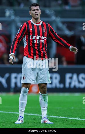 Mailand, Italien. September 2024. Alvaro Morata vom AC Milan reagiert auf das Fußballspiel der Serie A 2024/25 zwischen dem AC Milan und Venezia FC im San Siro Stadion. FINAL SCOREMilan 4 | 0 Venezia Credit: SOPA Images Limited/Alamy Live News Stockfoto