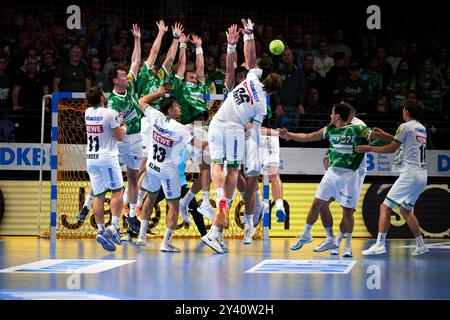 Berlin, Deutschland. September 2024. Vor dem Tor, GER, Fuechse Berlin vs. SC DHfK Leipzig, 1.Bundesliga, Daikin HBL, Herren, 2. Spieltag, Saison 2024/25, 15.09.2024 Foto: Eibner-Pressefoto/ Claudius Rauch Credit: dpa/Alamy Live News Stockfoto