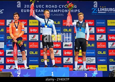 Tim MERLIER (Belgien), Olav KOOIJ (Niederlande), Madis MIHKELS (Estland) Elite Strassenrennen/Europameisterschaft Männer Elite Road Race von Heusden-Zolder nach Hasselt (129 km) am 15. September 2024. Die Radsport EM/Straßenradsport-Europameisterschaften 2024 (UEC Road Europameisterschaften 2024) der Union Européenne de Cyclisme von 11. bis 15. September 2024 in der belgischen Provinz Limburg. EuroRoad24, EuroRoad 2024. Stockfoto