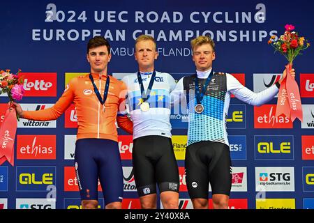 Tim MERLIER (Belgien), Olav KOOIJ (Niederlande), Madis MIHKELS (Estland) Elite Strassenrennen/Europameisterschaft Männer Elite Road Race von Heusden-Zolder nach Hasselt (129 km) am 15. September 2024. Die Radsport EM/Straßenradsport-Europameisterschaften 2024 (UEC Road Europameisterschaften 2024) der Union Européenne de Cyclisme von 11. bis 15. September 2024 in der belgischen Provinz Limburg. EuroRoad24, EuroRoad 2024. Stockfoto