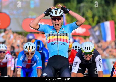 Tim MERLIER (Belgien) Elite Strassenrennen/Europameisterschaft Herren Elite Road Race von Heusden-Zolder nach Hasselt (129 km) am 15. September 2024. Die Radsport EM/Straßenradsport-Europameisterschaften 2024 (UEC Road Europameisterschaften 2024) der Union Européenne de Cyclisme von 11. bis 15. September 2024 in der belgischen Provinz Limburg. EuroRoad24, EuroRoad 2024. Stockfoto