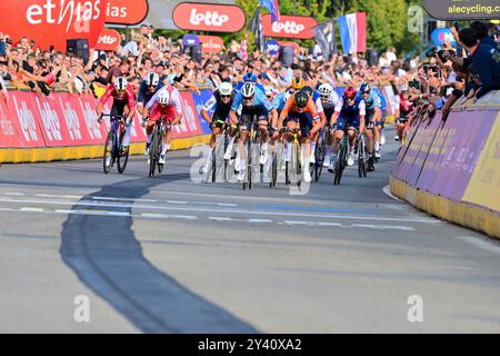 Tim MERLIER (Belgien), Olav KOOIJ (Niederlande), Madis MIHKELS (Estland) Elite Strassenrennen/Europameisterschaft Männer Elite Road Race von Heusden-Zolder nach Hasselt (129 km) am 15. September 2024. Die Radsport EM/Straßenradsport-Europameisterschaften 2024 (UEC Road Europameisterschaften 2024) der Union Européenne de Cyclisme von 11. bis 15. September 2024 in der belgischen Provinz Limburg. EuroRoad24, EuroRoad 2024. Stockfoto