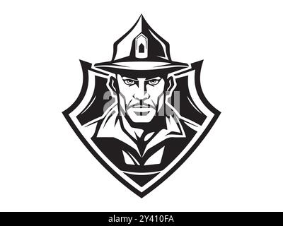 Schwarz-weiß Feuerwehrmann Illustration Schild Symbol. Konzept von Mut, Schutz, Feuerwehrsymbol, heldenhafte Figur. Design-Element, Rescue Embl Stock Vektor
