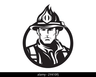 Schwarz-weiß Feuerwehrmann Illustration Schild Symbol. Konzept von Mut, Schutz, Feuerwehrsymbol, heldenhafte Figur. Design-Element, Rescue Embl Stock Vektor