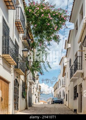 Malerische alte, enge Straße in Altea Town, Spanien Stockfoto
