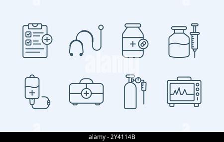 Traditionelle medizinische Geräte minimalistische Linie Symbol Set Design Stock Vektor