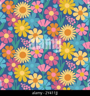 Lebendiges Blumenmuster mit stilisierten gelben Gänseblümchen, rosa, roten, blauen und lila Blumen, grünen Blättern und Stielen in einem sich wiederholenden vertikalen Design auf tiefblauem Hintergrund mit verspielter Retro-Ästhetik. Stockfoto