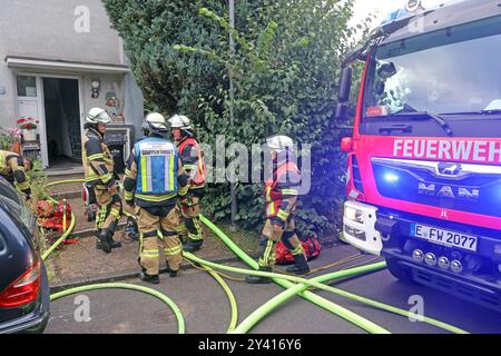 Brände in Wohngebäuden ein Kellerbrand in einem Wohnhaus gelöst einen großen Feuerwehreinsatz mit Notärzten aus. Die Rettung betroffener Personen erfolgt über eine Drehleiter im rückwärtigen Bereich. Essen Nordrhein-Westfalen Deutschland Überruhr *** Brände in Wohngebäuden Ein Kellerbrand in einem Wohngebäude löste einen großen Feuerwehreinsatz mit Rettungsdiensten aus die Rettung der Betroffenen erfolgte über eine Drehleiterleiter im hinteren Bereich Essen Nordrhein-Westfalen Deutschland Überruhr Stockfoto