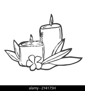 Brennende Duftkerze in einem Glas isoliert auf weißem Hintergrund. Vektor-handgezeichnete Illustration im Doodle-Stil. Aromatherapie, Entspannungsdesign elem Stock Vektor