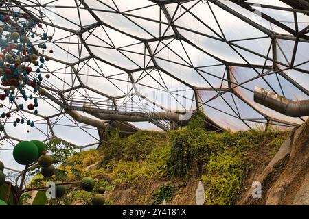 Ein Blick auf eine geodätische Kuppelstruktur mit einem transparenten Dach, das Grün und Pflanzen im Inneren zeigt. Der Rahmen ist aus Metall, mit sichtbaren Rohren, und Stockfoto