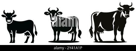 Kühe. Schwarze Silhouette Kuh isoliert auf weißem Hintergrund. Handgezeichnete Vektorgrafik Stock Vektor