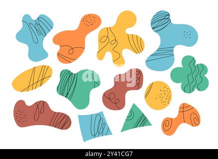 Isolierte Vektorgruppe abstrakter Elemente. Minimalistische, farbenfrohe Formen mit dekorativen Doodle-Linienmustern. Kreatives handgezeichnetes Design, geometrisch Stock Vektor