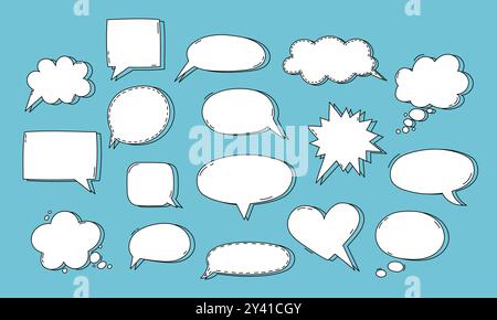 Vektorsatz für Sprechblasen. Isolierte Designelemente für Text, Gedanken, Dialog, Konversation. Handgezeichnete Kritzelkommunikationsrahmen. Wolke, rund Stock Vektor