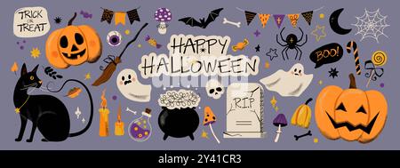 Halloween Set. Gespenstische Geister, lustiger Kürbis, süße Süßigkeiten und Zombiekatze auf Hexenparty. Fröhliche Eule und Nachtfledermaus Banner. Kollektion dekorativer Aufkleber. Set mit zauberhaftem Dekor für Partys. Vektor-isolierter Hintergrund Stock Vektor