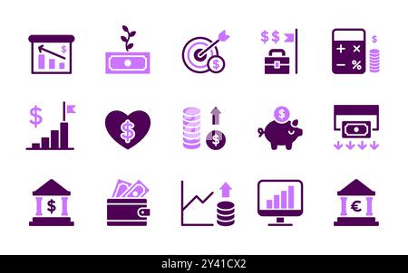 Banksymbole. Unternehmensfonds. Bankdarlehen und Budgeteinnahmen. Einsparungen bei der Finanzierung. Kaution oder Kreditkarte. Einkommenswachstum. Bargeld oder Münzgewinn. Dollar-Währung. Geldinvestition. Vektor-Finanzsymbole festgelegt Stock Vektor