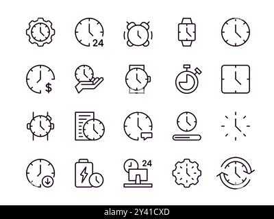 Zeitsymbole. Stundenuhr. Zeilensymbol für die Alarmüberwachung. Datumskalender. Zeitschaltuhr. Stoppuhr und Sanduhr. Hohe Geschwindigkeit. Minuten Countdown. Akku der Armbanduhr. Arbeitstermin. Vektorchronometer Piktogramme eingestellt Stock Vektor