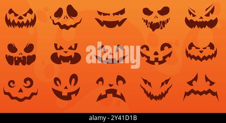 Kürbisgesicht. Happy Halloween, Ghost Lächeln oder gruselige, böse Grafikelemente. Charakter mit Zähnen im Mund. Isolierte schwarze Silhouetten, dekorative Partykollektion. Vektorsymbole auf orangem Hintergrund Stock Vektor