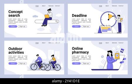 Landing-Page für den Lebensstil von Menschen. Zeitmanagement. FAQ Webbanner-Vorlage. Website-Design. Outdoor-Aktivitäten. Online-Präsentation der medizinischen Apotheke. Arbeitstermin. Browsersuche. Vektorhintergründe festgelegt Stock Vektor