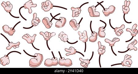 Cartoon-Arm. Maskottchenhände. Gestenteile. Handschuhe und Schuhe. Comic-Füße zu Fuß oder im Stehen. Kritzelbeine in Position bringen. Zeigefinger. Menschliche Körperhaltung. Niedliche Schilder. Vektorzeichen festgelegt Stock Vektor