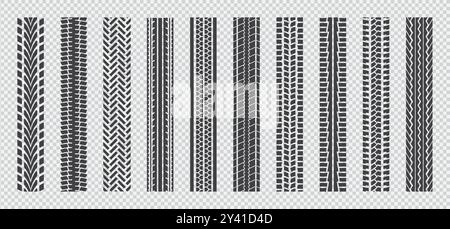 Maschinenreifen. Reifenaufdruck. Spurweite, Traktormuster oder Lkw, Fahrrad oder Motorrad. Isolierte Elemente des Radmusters. Schwarzer Street Road-Druck. A Stock Vektor