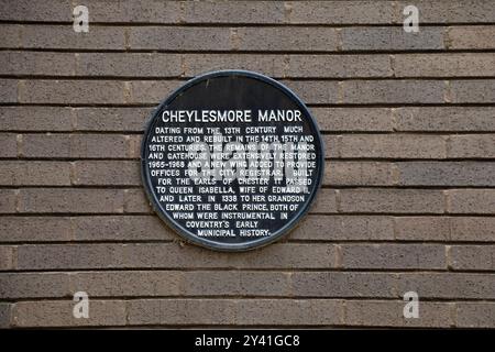 Cheylesmore Manor Informationstafel in Coventry Stockfoto