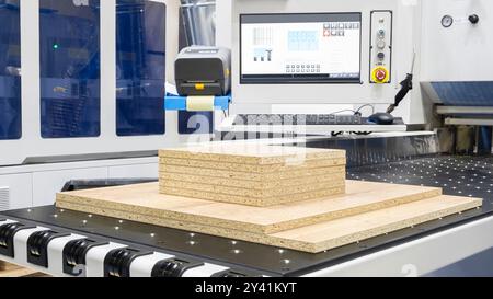 Werkstatt für die Herstellung von Spanplatten, Spanplatten, Furnieren, Sperrholz, Holzplatten. Holzverarbeitung. Konzept für die holzverarbeitende Industrie Stockfoto