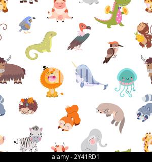 Nahtloses Muster für Zeichentricktiere. Löwe Narval Quallen Giraffe Zebra Kuh Affen Waschbär. Kindlicher Stoffdruck, Tierzeichen Vektor-Hintergrund Stock Vektor