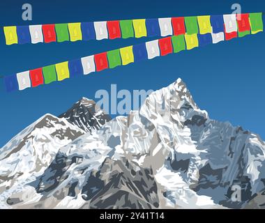 Mount Everest und Nuptse Gipfel mit Gebetsfahnen, gesehen von Kala Patthar, Vektor-Illustration, Mount Everest 8.848 m, Khumbu Tal, Sagarmatha National Stock Vektor