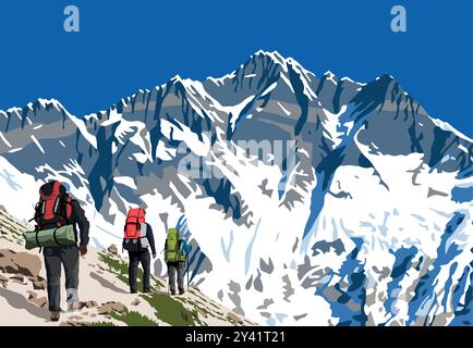 Mount Nuptse Peak Südfelswand und drei Wanderer, Vektorillustration, Khumbu Tal, Everest Gebiet, Nepal himalaya Berge Stock Vektor