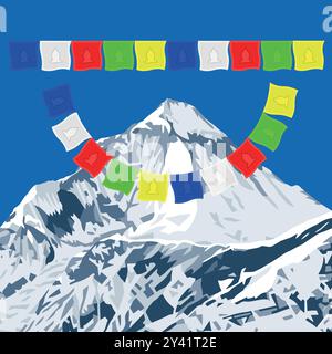 Der Gipfel des Mount Dhaulagiri, wie in der Nähe des Thorung La Passes mit buddhistischen Gebetsfahnen, Wanderweg auf dem Mount Annapurna Circuit, Vektorillustration, Nepal Hima Stock Vektor