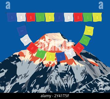 Abendlicher Gipfel des Berges Dhaulagiri mit buddhistischen Gebetsfahnen Vektor-Illustration Logo, Nepal Himalaya Berge, tibetischer buddhismus Stock Vektor