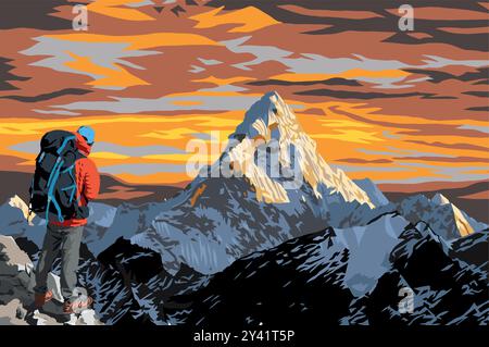 Mount Ama Dablam Gipfel mit wunderschönem Sonnenuntergang Himmel und Wanderer auf dem Weg zum Everest Basislager, Vektorillustration, Khumbu Tal, Sagarmatha National Par Stock Vektor