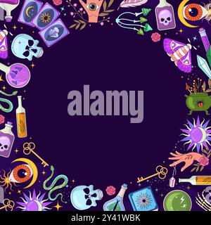 Hexerei-Hintergrund. Kreisform aus Hexenwerkzeugen und leerer Platz für persönlichen Text Stock Vektor