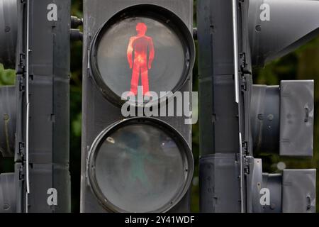 Nahaufnahme einer Ampel, die ein rotes Fußgängersignal anzeigt, das anzeigt, dass Fußgänger nicht überqueren dürfen. Das Licht ist von mehreren tr umgeben Stockfoto